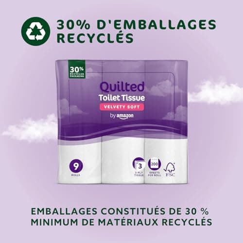 by Amazon Papier Toilette, 3 Épaisseurs Matelassé, Doux et Soyeux, 36 Rouleaux (4 Paquets de 9), 200 Feuilles par Rouleau, Certifié FSC