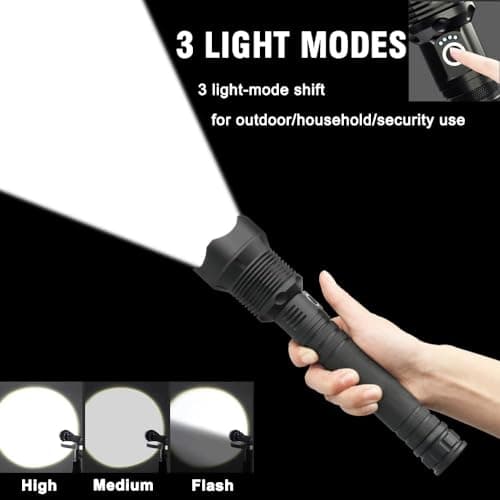 Lampe Torche LED Ultra Puissante,90000 Lumens Lampe de Poche Rechargeable USB Type-C, XHP70 Ajustable Zoomable Étanche Torche D'éclairage pour Camping Randonnée,et Urgences(avec batterie de 10000 mAh)