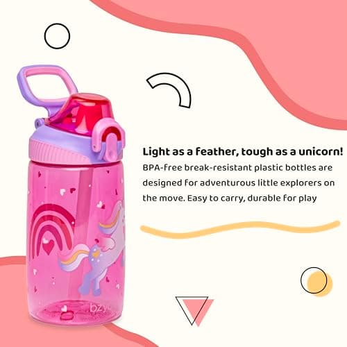 bzyoo Bouteille d'eau pour enfants 473,6 g – Étanche et facile à ouvrir ! Rose avec motifs de licorne mignons. Dispose d'une poignée et d'une fermeture sécurisée. Comprend une paille pratique pour une