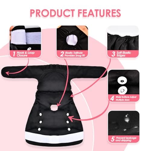 HezzLuv Lot de 3 Couches Réutilisables pour Chien Femelle, Lavables Culotte Menstruelle Chien avec 5 Couches Jetables pour Chien en Périodes physiologiques, Chaleur et Incontinence, Noir, S/M/L