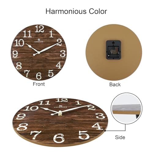Lafocuse Horloge Murale Bois Silencieuse Retro, Rustique Vintage Pendule Murale Marron, Shabby Chic Deco sans Tictac Maison Salon Cuisine Chambre Bureau 30cm