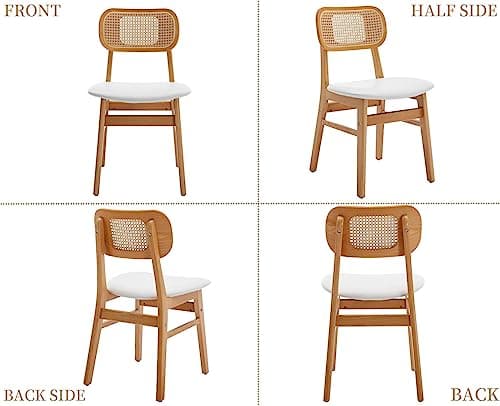 Wahson Lot de 4 Chaise de Salle à Manger en Rotin et Chaise Bois, Chaise Salle à Manger Bois Rétro avec Coussin Imperméable, Chaise de Cuisine Confortable pour Salle à Manger et Salon, Blanc
