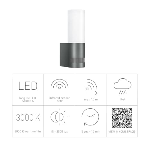 Steinel Lampe d'extérieur L 605 S avec détecteur de mouvement à 180° avec portée de 10 m, 9,5 W, 600 lm, aluminium, anthracite