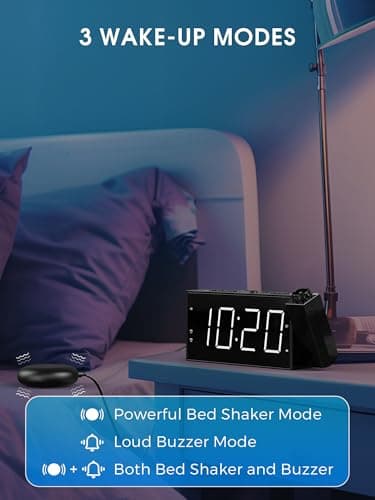Reveil Projecteur Plafond avec Double Alarme, Horloge Numérique Bruyant pour Sourd, Alarme Bruyante&Shaker Puissant, 180° Horloge Projecteur avec Charge USB, Variateur d'Intensité, 12/24 H, Snooze