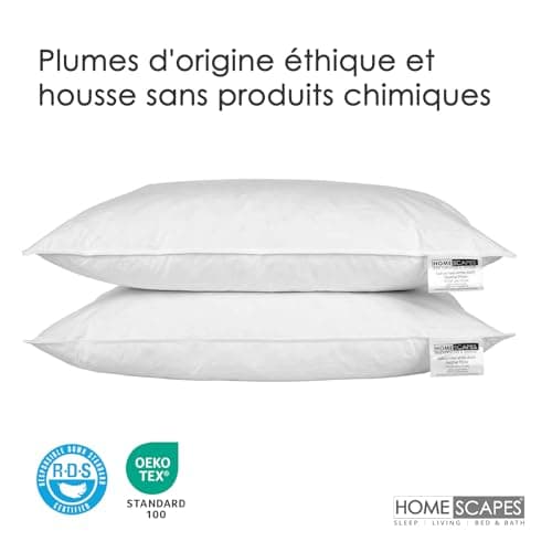 HOMESCAPES Lot de 4 Oreillers naturels en Plumes de Canard Ultra gonflants et Moelleux, 50 x 75 cm