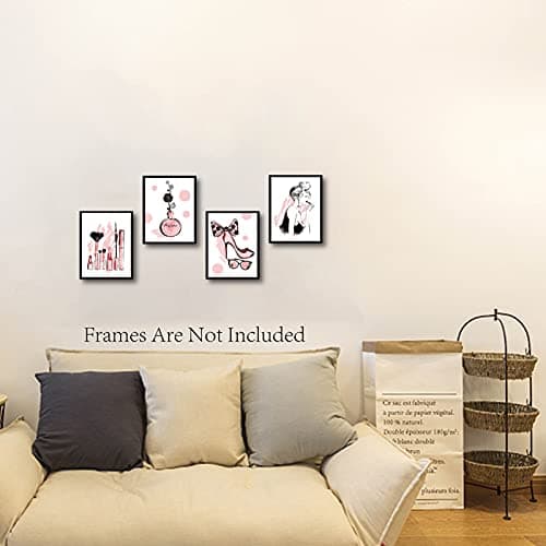 CREATCABIN 4pcs Mode Toile Mur Art Imprimer Affiche Ensemble Rose Talons Hauts Fleurs Parfum Maquillage Maison Mur Art Oeuvre Moderne pour Dressing Chambre Salle Bains Filles 8 x 10 Pouces