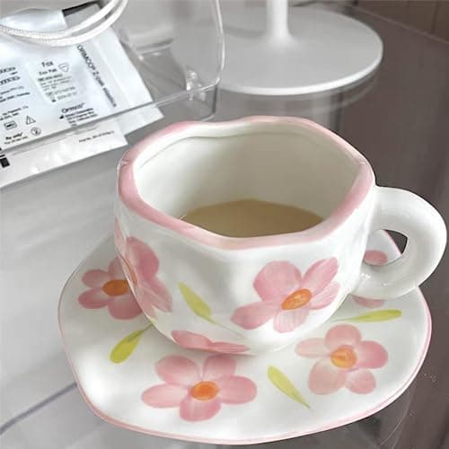 Disoza Set de Tasses à Café Avec Soucoupe Douces Fleurs Tasse Cadeaux d'Anniversaire Pour Les Femmes Tasse à Café avec Soucoupe 250 ML Céramique Tasse Cadeau d'Anniversaire Pour Les Femmes Fille Maman