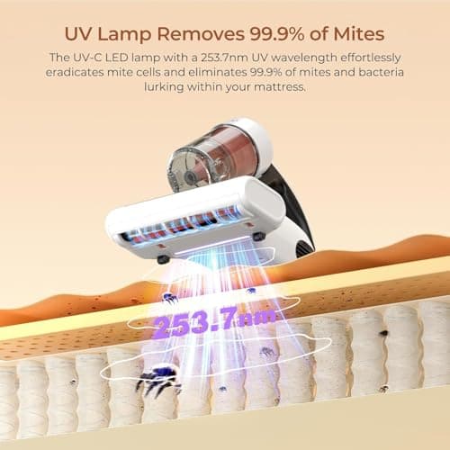 JIGOO J200 Aspirateur Matelas Anti Acariens, Aspirateur Matelas à Main 500W avec lumière UV-C et ultrasons, Élimine 99% des allergènes, Chauffage Fonction, pour Matelas, Canapés, Textiles, Lit