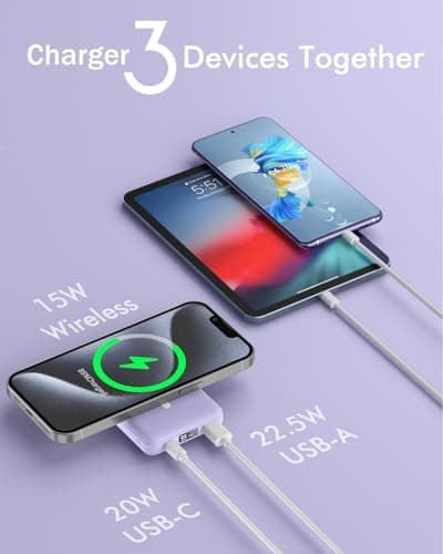 Podoru Batterie Externe Mag-Safe, 10000mAh Batterie Externe IPhone, Pliable Batterie Mag-Safe PD 22.5W Charge Rapide USB-C Affichage LED pour iPhone 15/14/13/12/Mini/Pro/Max - Violet Clair