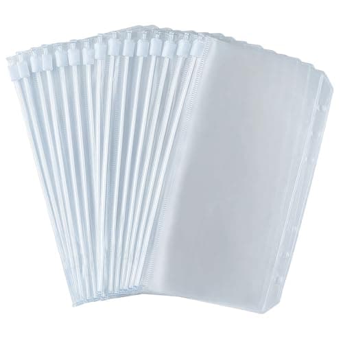 30 Pièces Pochettes Classeur, 6 Trous Pochette Plastique A6, Transparente Imperméable Dossiers à Glissière, Enveloppe Budget, Sacs Zippés à Feuilles Mobiles pour Documents, Cahiers, Cartes