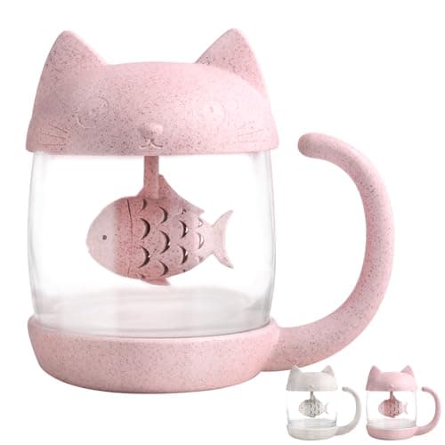 BigNoseDeer Cadeau Femme Cadeau Noel Tasse à thé en Verre de Chat Bouteille d'eau-avec Filtre de Filtre à Infusion de Pain de Poisson 250ML (8 oz) (Rose)