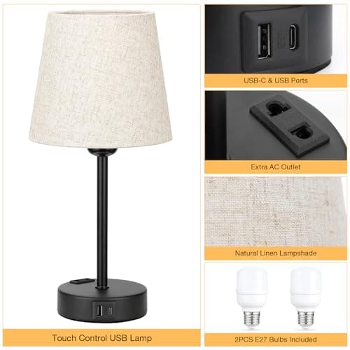 Kakanuo Lampe de Chevet Tactile avec Ports USB-A+C+Prise CA, Lampes de Table Lot de 2, Intensité Variable 3 Voies, Abat-jour en Lin, Lampes pour Chambre Salon D'enfant Bureau (Ampoules Incluse)
