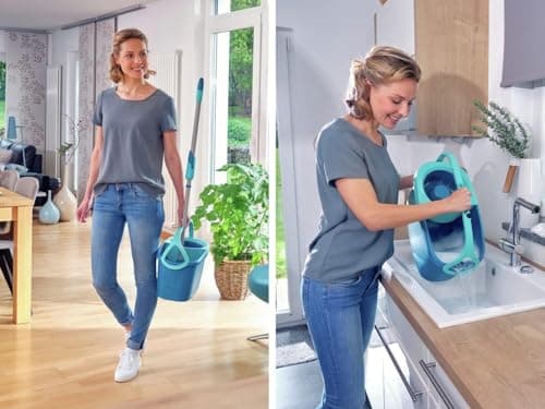 Leifheit Clean Twist Disc Mop Ergo Kit complet balai, serpillière et seau essoreur, ensemble balai serpillère en microfibre avec manche télescopique, essorage sans effort