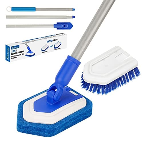 Lalafancy 2 in 1 Brosse Baignoire Éponge Emsemble avec 119cm Manche Brosse de Nettoyage Brosse à Récurer pour Baignoire Carrelage Salle de Bain Cuisine Balcon