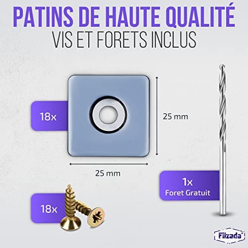 Filzada® 26x Patins pour Meubles Téflon avec vis - 25 x 25 mm (carré) - PTFE Patins pour Meubles/Planeur PTFE (Teflon) avec vis