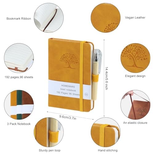 HOMEMARS Carnet de Notes, Petit Carnet, Petit Cahier, 3 Paquet, Cahier de Note, Carnet de Voyage, 14.4 cm x 9.6cm, Marron, Vert, Jaune, 192 Pages Chacune, Motif d'arbre en Relief, Cuir végétalien