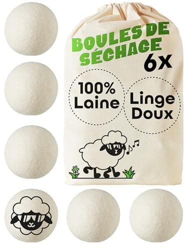 6 Boules de Séchage en Laine de Mouton Organique - Balles de Séchage pour Sèche-Linge - Boule de Sechage Réduit le Temps et Adoucit le Linge - Parfaites pour le Duvet