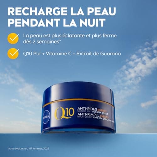 NIVEA Q10 Energy Soin de Nuit Booster d'éclat (1x50 ml), crème anti rides enrichie en Q10 pur & Vitamine C, crème anti-âge pour un teint éclatant, crème visage énergisante peaux ternes et fatiguées