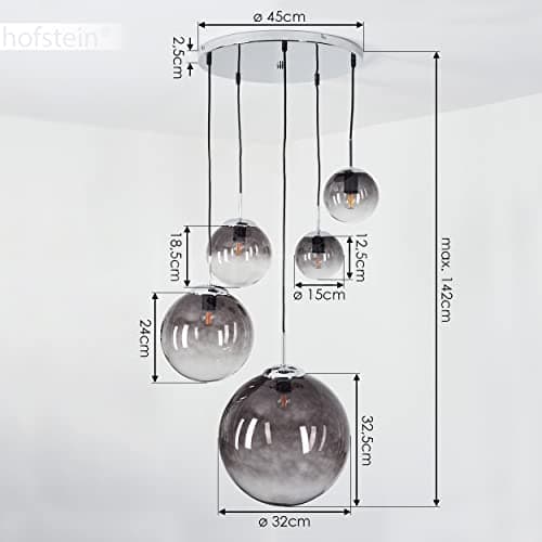 Suspension Degevos, plafonnier à 5 flammes en métal/verre chromé/fumé, suspension moderne avec boules en verre véritable, hauteur max. 120 cm, E27, sans ampoules