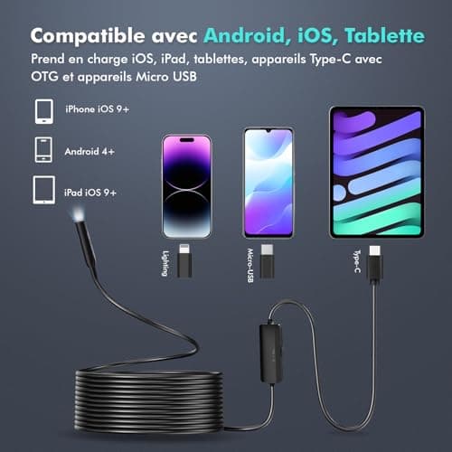 Lovcoyo Endoscopique Caméra d'inspection de Serpent 1920P, 3 en 1 USB Camera Endoscopique, Endoscopique Type C de portée avec 8 lumières LED pour Smartphone Android et iOS, iphone, iPad, (16,5 FT/5M)