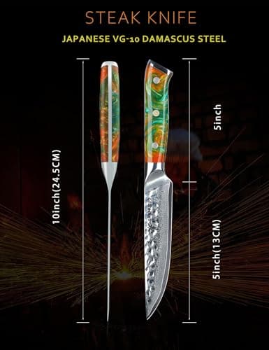 SANMUZUO Ensemble de couteaux à steak de 4 pièces, couteau à steak de cuisine ultra-tranchant non dentelé de 13 cm - Acier de Damas et manche en résine - Série Yao