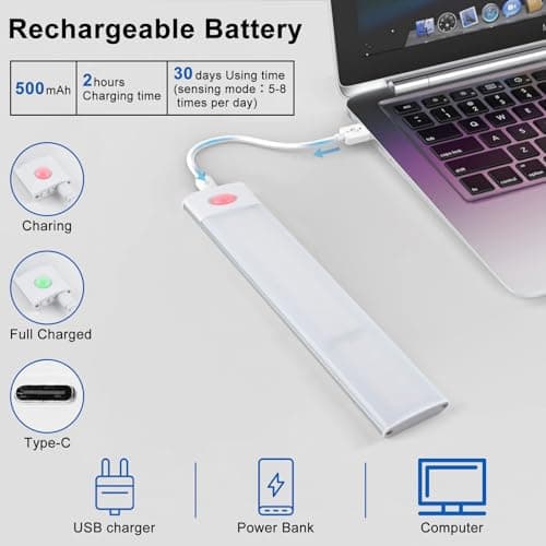 4pcs Lampe Detecteur de Mouvement Interieur Lumiere Led Sans Fil Reglette Cuisine Escalier sous Meuble Rechargeable USB Placard Avec Détecteur Lumière Armoire Eclairage Réglette Intérieur 60LED 30cm