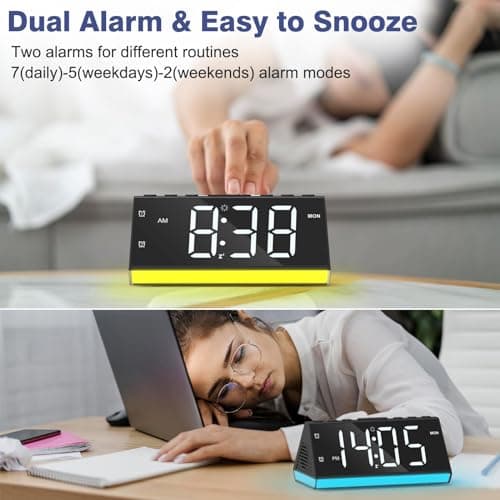 Réveil Numérique avec Double Alarme, Réveil Lumineux avec 8 Lumières à Intensité Variable, Écran Affichage Dimmable, Horloge Numérique avec Snooze, 2 Ports USB pour Ado/Enfant,Cadeau Fête,Anniversaire