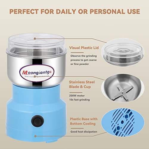 Moongiantgo Moulin à Céréales Multifonctionnel 200W 14500rpm, Moulin à Café Ultra-Fin, 300ml Broyeur à Épices Électrique Portable, Acier Inoxydable, Parfait pour Matières Sèches, Herbes, Café (Bleu)