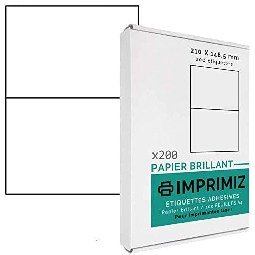 Etiquettes Adhésives Brillantes - 200 étiquettes 210 X 148,5 mm - Blanc Brillant - pour imprimantes Laser - 100 Feuilles A4 autocollantes