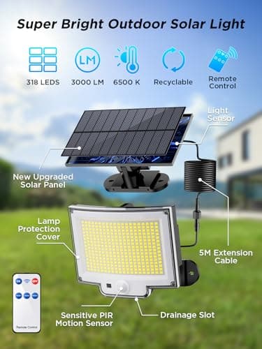 SIGRILL 318 LED Lampe Solaire Extérieur Détecteur de Mouvement, 3000LM Lumiere Solaire Exterieur, 3 Modes Projecteur Solaire Exterieur, IP65 LED Spot Solaire (1 Pièce - 318LED Lumière Froide)