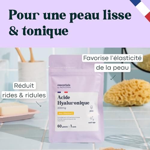 Acide Hyaluronique Pur, 60 Gélules Vegan, Action Anti-Âge + Anti-Rides, 800-900 kDa, Cure de 1 mois, Hydratation de la Peau, Avec Vitamine C, Fabriqué en France, Essentials by NOVOMA