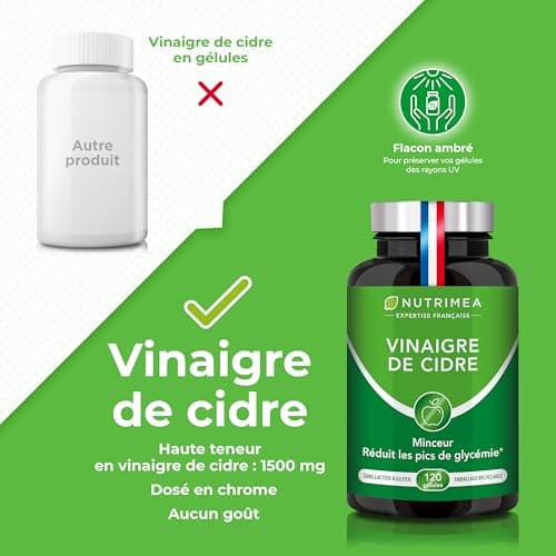 Vinaigre de Cidre - 1500 mg - Avec Chrome - Aide à la Perte de Poids, Contrôle du Taux de Sucre Sanguin - Alternative au Morosil - Goût Neutre - 120 Gélules Vegan - Nutrimea - Fabriqué en France