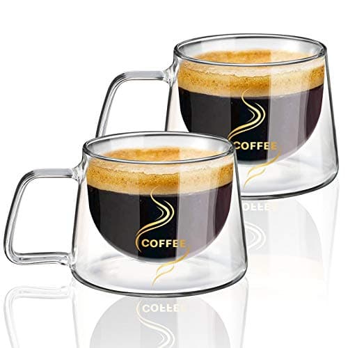 KAMEUN Tasse Double Paroi, 200ml*2 Coffret de Double Paroi Verre à Café, Tasses en Verre Borosilicate avec Poignée, effet flottant, pour Thé, Café, Lattes, Cappuccino, Espresso, Bière