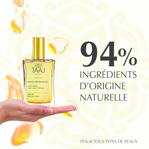 TAAJ | Huile Délicieuse | Huile sèche de Beauté | Corps, Visage & Cheveux | Nourrit, Protège & Revitalise la peau | Peau Satinée |Cheveux Réparés |96% d’ingrédients d’origine naturelle |Vegan | 100 ml