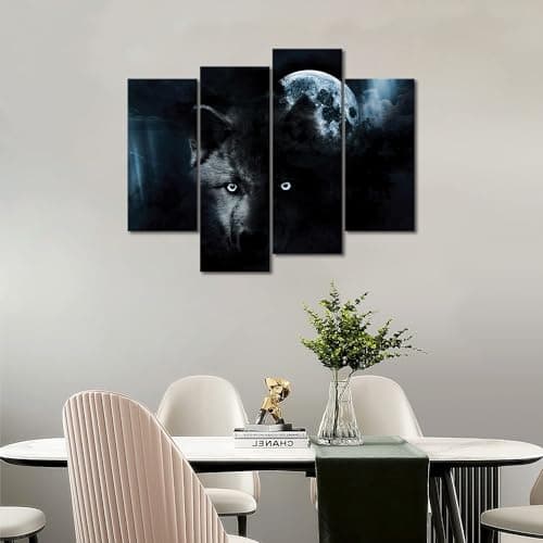 4 Panneau Noir Loup Et Plein Lune Peinture Murale d'art l'image imprimée sur Toile Animal Photos d'œuvres d'art pour Le Bureau à Domicile Décoration Moderne