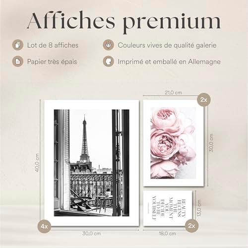 ARTFAVES® Ensemble d'affiches decoration murale - COCO - 8 poster moderne - Salon et chambre Rose, mode, rose, rose, glamour, style de vie, fleurs, parfum, fille - avec cadres noirs