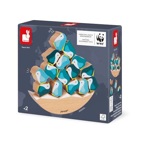Janod - Basculo Manchots en Bois - Jouet d'Eveil - Jeu d'Adresse - Apprentissage Motricité Fine et Concentration - Partenariat WWF - Certifié FSC - Dès 2 ans, J08602