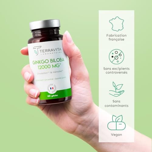 GINKGO BILOBA 12000 mg | Extrait 50:1 Hautement Dosé 6000 mg par Gélule | Booster Mémoire - Concentration - Acouphènes - Circulation Sanguine | 60 Gélules Vegan | Made in France | Terravita