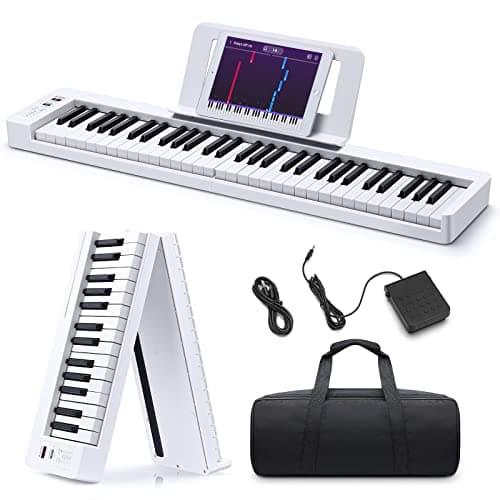 Donner DP-06 Piano à Clavier Pliable Pour Débutants, Clavier de Piano Portable 61 Touches, Clavier de Piano Électrique Numérique avec Bluetooth, Blanc