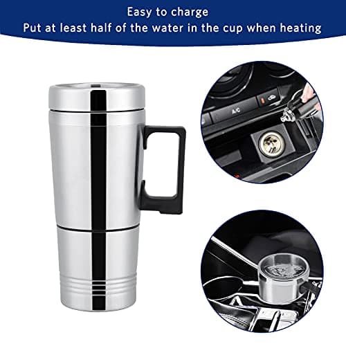 HERCHR 12V/24V 300ML Bouilloire électrique de Voiture de Voyage, Tasse Chauffée électrique de Tasse de Wagon d'acier Inoxydable avec Une Tasse de Chauffage pour l'eau, Thé, Café, Lait(24V)