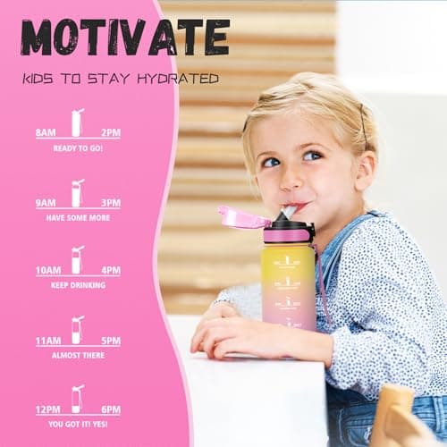 Gourde Enfant, Gourde 500ml avec Paille, Gourde Plastique avec Slogan de Motivation, Gourde Heure anti Fuite, Facile à Nettoyer, Bouteille Paille pour Extérieur, Randonnée, Maternelle, Jaune-Rose