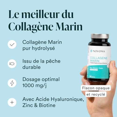 NOVOMA Collagène Marin + Acide Hyaluronique, 1000 mg de Collagene Pur Hydrolysé Type 1 & 3, Avec Vitamine C, Zinc et Biotine, Beauté de la Peau, Cheveux et Ongles, 90 gélules