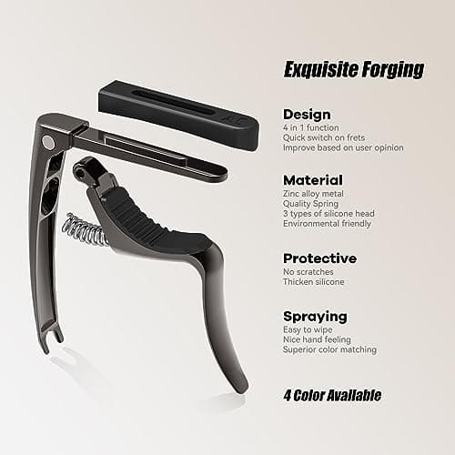 Linrax C3 Capodastre Guitare, Capo de Guitare 4 en 1 avec Extracteur de Goupille de Chevalet, Capo pour Guitare Basse Ukulélé Banjo Mandoline, 3 Têtes de Silicone, Accessoires de Guitare, Chrome Noir