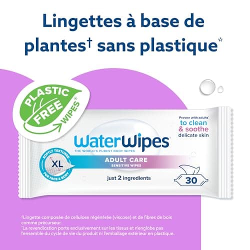 WaterWipes Lingettes Adultes Sensibles Corps & Parties Intime, 180 Lingettes (6 Paquets), Extra Grandes Texturées, 99,9% à Base d'Eau, Usage Quotidien