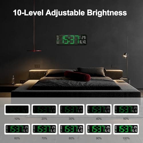 Lafocuse Horloge Murale Numérique LED, Grande Affichage 32cm avec Télécommande, Température, Date, Jour, 2 Alarmes, 12/24H, Luminosité Réglable Pendule Murale pour Salon Cuisine Bureau, Vert