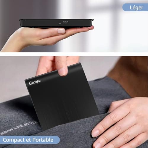 Cocopa Lecteur CD/DVD Externe pour PC, USB 3.0 Graveur Enregistreur Portable RW/ROM Mince Transmission Rapide Câble USB Intégrée Windows/Mac OS Apple/iMac/Macbook/Laptop/Desktops/PC Noi
