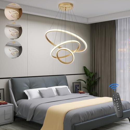 KSIBNW Lustre Salon Suspension Luminaire Moderne, 45W LED Lustre Chambre Dimmables 3 Anneaux Lampe Suspension avec Télécommande & APP Contrôle Acrylique Rond Or 2700K-6500K Luminosité Réglable