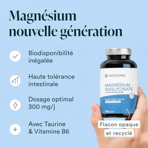 NOVOMA Magnésium Bisglycinate + Taurine & Vitamine B6, Haute Teneur 300mg /j, 120 gélules, Combat la Fatigue et le Stress, Mieux Absorbé que le Magnesium Marin, Fabriqué en France