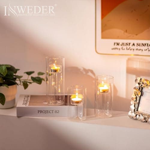 Inweder Bougeoir en Verre Lot de 3 Supports pour Bougies Chauffe-plat Bougeoir Décoratif Photophore Verre pour Mariage Fête Centre de Table Décor d'intérieur Convient aux Bougies Chauffe-plat Standard
