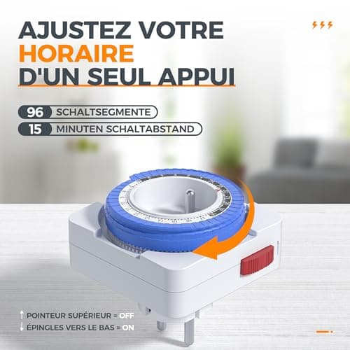 TESSAN Prise Minuteur Programmable 24 Heures, Programmateur Prise de Courant 3680W, Timer Prise Electrique à 96 Segments, Intervalle de 15 Minutes, Prise Minuterie de Cycle Quotidien, pour Lampes
